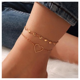 Inilbran Boho Heart Ankle Bracelet Hollow Love Heart Anklet Bracelet Vintage Layered Heart Chain Anklet Gold Outline Heart Link Anklet Foot Chain Jewelry for Women and Girls 2Pcs