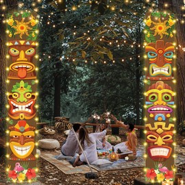 Hawaiian Luau Party Decorations, Tiki Party Decorations, Lighted Tiki Banner Door Porch Sign for Aloha Moana Hawaii Luau Party Tropical Birthday Tiki Party Supplies Door Wall Hanging Supplies