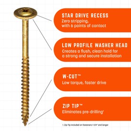 GRK Fasteners #8 x 3-1/8 Inch Low-Profile Cabinet Screws, 50 PCS, Indoor/Outoor Climatek® Coating, Washer Head for Strong Hold, W-Cut™ Fast Drive Threads, Star Drive Recess, T-15 Bit Included, Gold