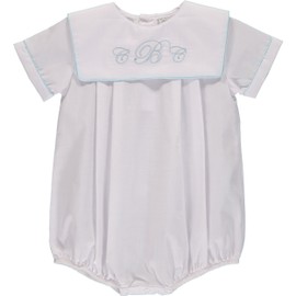 Carriage Boutique Baby Boy Bubble Classic Monogram Blank Creeper - White w Blue Trim, 18M