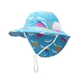 JUPSK Kids Sun Hat, UPF 50+ Sun Protection Baby Boy Bucket Hat Adjustable Fisherman Adventure Hat with Wide Brim Dinosaur Pattern, Summer Sunhat Beach Cap for 0-4 Years Unisex Child Blue