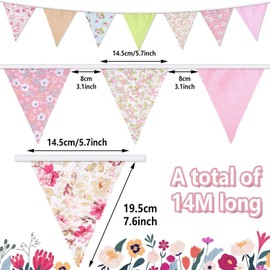 Alintor 45.9ft Fabric Bunting, 46Pcs Floral Vintage Bunting, Reusable Garden Bunting, Bunting Flags, Bunting Banner for Birthday, Party, Afternoon Tea, Spring Decorations