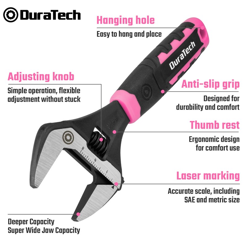 DURATECH 8-Inch Adjustable Wrench, Wide Jaw Opening Plumbing Wrench, CR-V