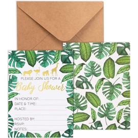 Juvale Baby Shower Invites - 36 Fill-in Invitations w/Envelopes, Tropical Safari Animal Theme, Green Palm Leaves with Gold Foil Designs, Party Supplies for Baby Showers, 5 x 7 Inches