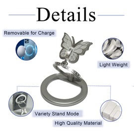 CHIHIOL Magnetic Phone Ring Holder Compatible with MagSafe Phone Grip Kickstand for Magsafe Cases with Magnetic Adapter Circle, Adjustable Angle Butterfly Phone Ring Stands Round Grips Holders, Silver