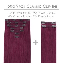 WENNALIFE Clip in Hair Extensions, 150g 20 Inch 9pcs Light Burgundy Human Hair Extensions Thicker Clip in Hair Extensions Real Human Hair Clip Set Double Weft