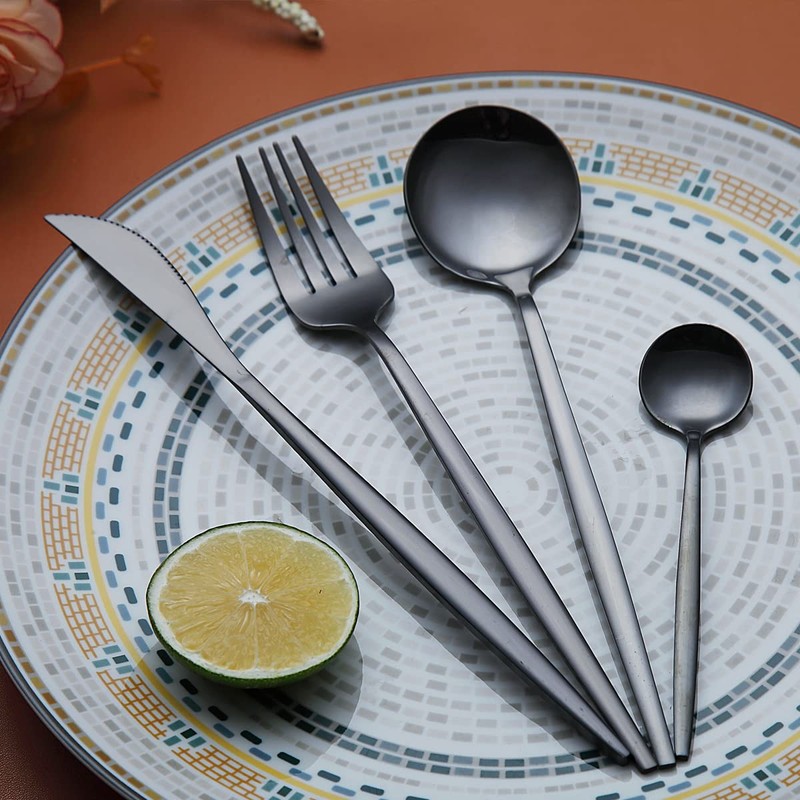 Kyraton Black Cutlery Set 24 Pieces, Stainless Steel Flatware Set,