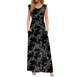 DB MOON Womens 2025 Maxi Dresses Empire Waist Long Sun Dress Casual Cap Short Sleeve Sundress with Pockets M, Black Floral 01