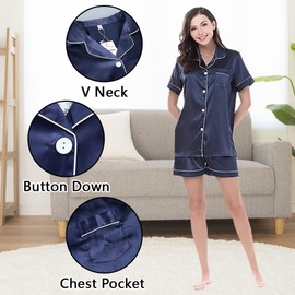 Mchodare Womens Silk Satin Pajamas Set Short Sleeve Pj Set for Womens Button Down Pajama Sets with Pockets, Ladies Sleepwear Loungewear Set S-XXL Navy Blue
