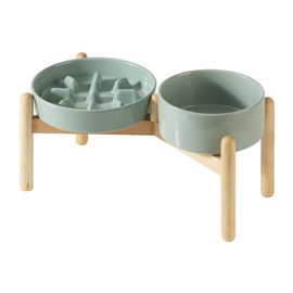 Havniva Ceramic 1.2 Cup Raised Slow Feeder Dog Bowl Set, Elevated 6.1inch Bowl and 7.3inch Slow Pet Food Dish with Wooden Stand for Small and Medium Dog (2 x Light Green+ Stand)