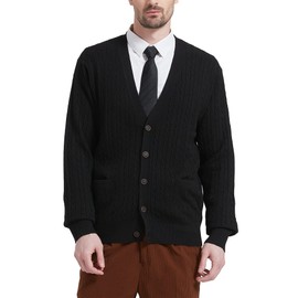 Kallspin Men's Cardigan Sweater Wool Blend Cable Knit V Neck Buttons Cardigan with Pockets(Black, 2X-Large)