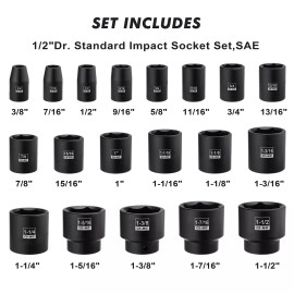 FS TOOL 19 PCS 1/2" Drive Standard Impact Socket Set, SAE Shallow, 3/8" to 1-1/2" Cr-Mo