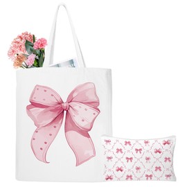 Nlicrst 2 Pcs Coquette Pink Bow Canvas Bag, Cute Aesthetic Canvas Tote, Reusable Grocery Folding Shopping Bag With Zipper Pouch Gifts for Women(pink bow)
