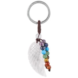 Nupuyai Crystal Angel Wings Keyring with 7 Chakra Stone Tassel Key Ring, Stone Guardian Angel Wings Pendant Keychain for Bag Charm Lucky Charm Amulet, White Rock Crystal