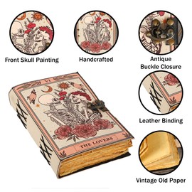 Natural Hub Handicrafts Book of Spells Leather Journal Deckle Edge Paper Grimoire Printed Journal The Lovers Tarot Notebook Spiral Gothic Notebook Skull lover Antique Vintage Leather Journals for Men and Women