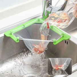 HTRTRR Sink Catcher Bags, 100 Pieces Disposable Mesh Catch Bags with Green Storage Container, Corner Sink Bags for Kitchen Waste Hanging