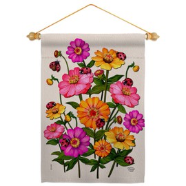 Ladybug Bouquet Garden Flag Set Wood Dowel Floral Sunflower Tulip Rose Orchid Lilies Season Springtime Flower Wreath Small Decorative Gift Yard House Banner Made In USA 13 X 18.5