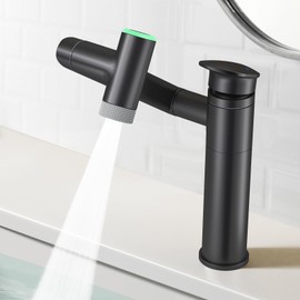 HEROBAI Modern Bathroom Faucet 1 Hole with Temperature Display(Batteries-Free), 1080° Rotatable Single Hole Bathroom Faucet, Single Handle Bathroom Vanity Faucets, 2 Spray Modes (Matte Black)