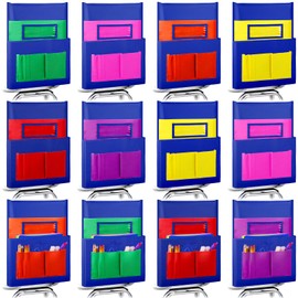 Tisancy 12 Pcs Chair Pockets for Classroom 15" x 19" Seat Back Organizer Bags with 6 Pockets and Name Slot Book Storage for Students Kid Teacher Organize School Supplies(Stylish Colors)
