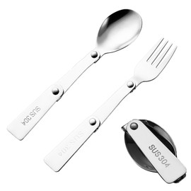 2PCS Folding Utensils Set - Foldable Spoon and Fork Sporks - 304 Stainless Steel Portable Cutlery - Travel Outdoor Picnic Camping Hiking (Silver)
