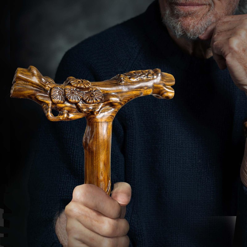 Wooden Walking Cane, Hand-Carved Wood Walking Cane for Men and