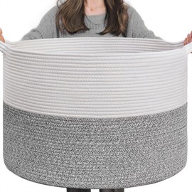 INDRESSME Large Storage Basket, 21.7'' x 13.8'' Cotton Rope Blanket Basket Living Room, Toy Organizers and Storage with Handles for Kids, Laundry Baskets for Clothes, Towel, 90L Grey