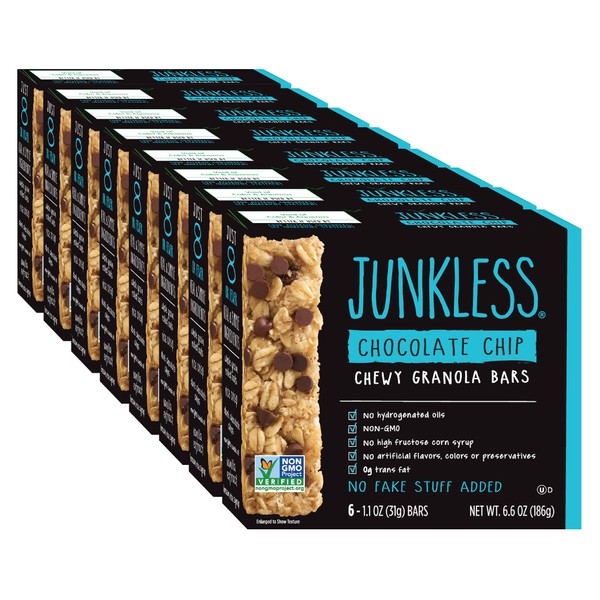 JUNKLESS Chewy Granola Bars, Chocolate Chip, 48 bars (6 x 1.1 oz bars/box – 8 boxes), Non-GMO, low sugar, great tasting, made for kids & families