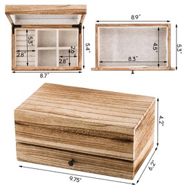 Tebery Rustic Wooden Jewelry Box Organizer with Mirror for Girls Women, 2 Layer Large Vintage Jewelry Storage Case with Ring Tray for Necklace Earring Bracelets Rings(Torched Wood)