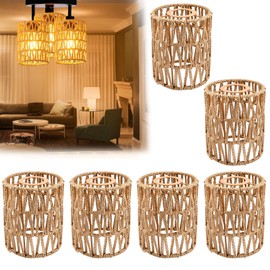 Supkiir 6 Pack Rattan Lamp Shade, Retro Small Pendant Light Shade Replacement, Boho Cylinder Wicker Woven Lampshade for Chandelier, Floor Lamps, Pendant Light, Wall Sconces Light Fixture