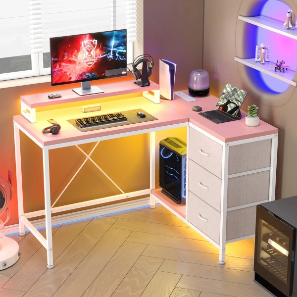 L Shaped Gaming Desk with Power Outlet and 3 Drawer