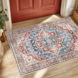 ANSSO 2×3 Washable Area Rugs, Foldable Faux Wool Low Pile Boho Vintage Entryway Rug with Non Slip Backing for Doormat, Indoor Front Entrance Kitchen, Bathroom, Auburn