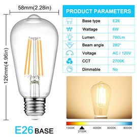 Ascher Vintage LED Edison Bulbs 6W, Equivalent 60W Incandescent, Warm White 2700K, ST58 Antique LED Filament Bulbs with 80+ CRI, E26 Medium Base, Non-Dimmable, Clear Glass, 6-Packs