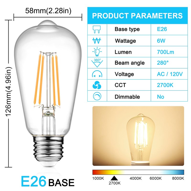 Ascher Vintage LED Edison Bulbs 6W, Equivalent 60W Incandescent, Warm