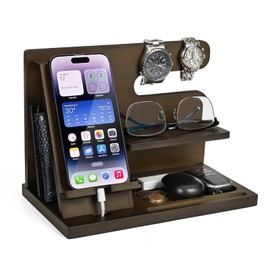 Wood Phone Docking Station - Nightstand Organizer for Cell Phone, Watch, Wallet - Birthday Gift for Men or Husband (Grey)