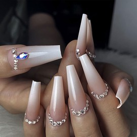 Yivaiks 24pcs French Tip Press on Nail Long coffin Nude White Ballerina Flash Diamond Crystal Glossy Flash Fake Nails Acrylic Nails for Women and Girls…