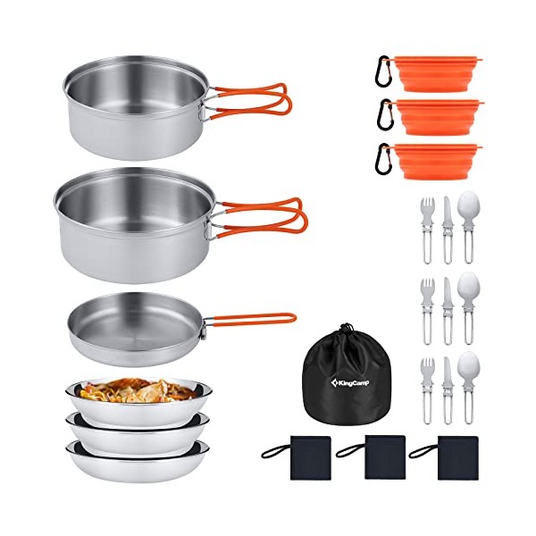 KingCamp 17/25pcs Stainless Steel Camping Cookware Mess Kit Camping Cooking Set Backpacking Gear Lightweight Pots and Pans Set with Folding Knife Fork for Camping Hiking Picnic