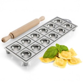 Ravioli Mold - Pasta Cutter Makes 12 Round 2” Raviolis - Easy to Use Stuffed Pasta Maker with Wood Roller and Non-Slip Rubber Feet - Made in Italy Kitchen Tools by Kings County Tools