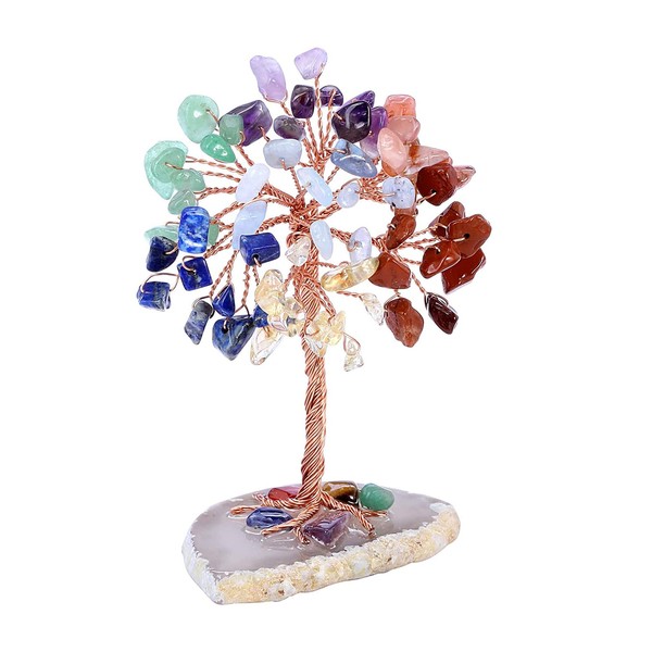FANNAS Tree of Life Crystal, Healing Stones Crystals, Seven Colourful Stone Tree, Gemstones and Crystals, Decorative Tree of Life Wire Wrap Tumbled Stones, Natural Crystal Money Tree Decoration