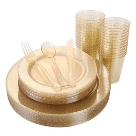 I00000 I00000 150PCS Gold Disposable Plates Silverware, Gold Glitter Dinnerware Set Include 25 Dinner Plates 10.25, 25 Dessert Plates 7.5, 25 cups 10 OZ, 25 Forks, 25 Knives, 25 Spoons for Wedding,Party