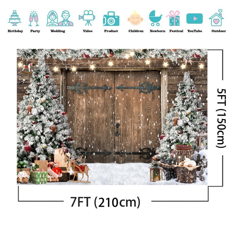 AIIKES 7X5FT Christmas Backdrop Winter Christmas Rustic Barn Wood Door