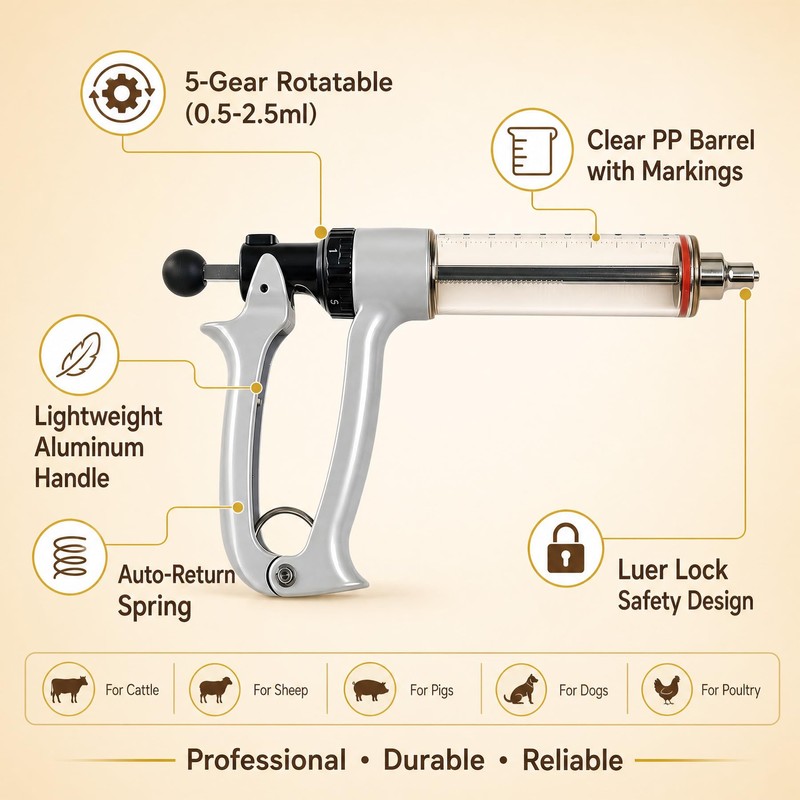 Semi Automatic Livestock Syringe 25ml 5 Gears Adjustable Continuous Repeating