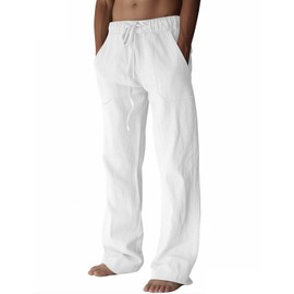 Men's Linen Pants Summer Cotton Beach Trousers Casual Lightweight Elastic Drawstring Waist Yoga Pants White