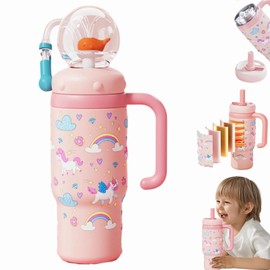 Stainless Steel Whale Fountain Tumbler with Handle – Two Lids, Spill-Proof, 710ml Drinking Cup with Whale Squirt, Cute & Perfect for Kids, Teens, and Adults, Dishwasher Safe (Pink-B)