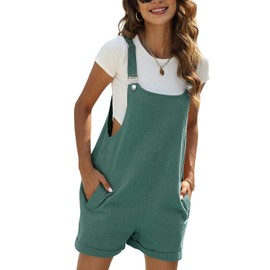 Vanchenl Women's Summer Short Dungarees Casual Adjustable Straps Bib Cotton Linen Overalls with Pockets, dark green