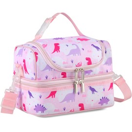 VASCHY - Kids and Girls Insulated Lunch Bag- Separate Compartments, Reusable Lunch Bag with Adjustable Shoulder Strap for School and Picnic (Pink Dinosaur)