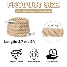 MECCANIXITY Jute Stanchion Rope 9ft x 1.3 Inch Safety Queue Braided Jute Ropes with Snap Hooks, Crowd Control Line Barrier for Movie Theaters Grand Openings Hotel Celebration 4Pcs