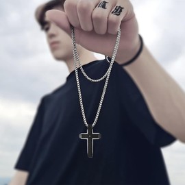 Viskyna Men's Cross Necklace Stainless Steel Cross Pendant Necklace Crucifix Religious Jewelry Gift for Men with 24 Inches Chain, Silver Color