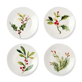 Holly and Vines Dessert Plates Set of 4, 9-Inch Stoneware Holiday Plates with Artistic Botanical Design, Dishwasher & Microwave Safe Elegant Dinnerware for Entertaining & Everyday Use
