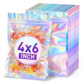 50 Pack Holographic Mylar Bags, 4'' x 6‘’ Packaging Bags for Small Business, Resealable Smell Proof Bag, Holographic Rainbow Color Resealable Bag Zip Baggie for Food Storage & Jewelry Packaging