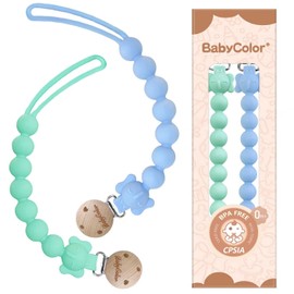 Silicone Pacifier Clip, One Piece Pacifier Clip Holder for Baby Boys Girls, 2 Pack Flexible Pacifier Clips, Wooden Clips Design, Soother Binky Teething Ring Pacifier Clip Holder(Mint Green+Light Blue)
